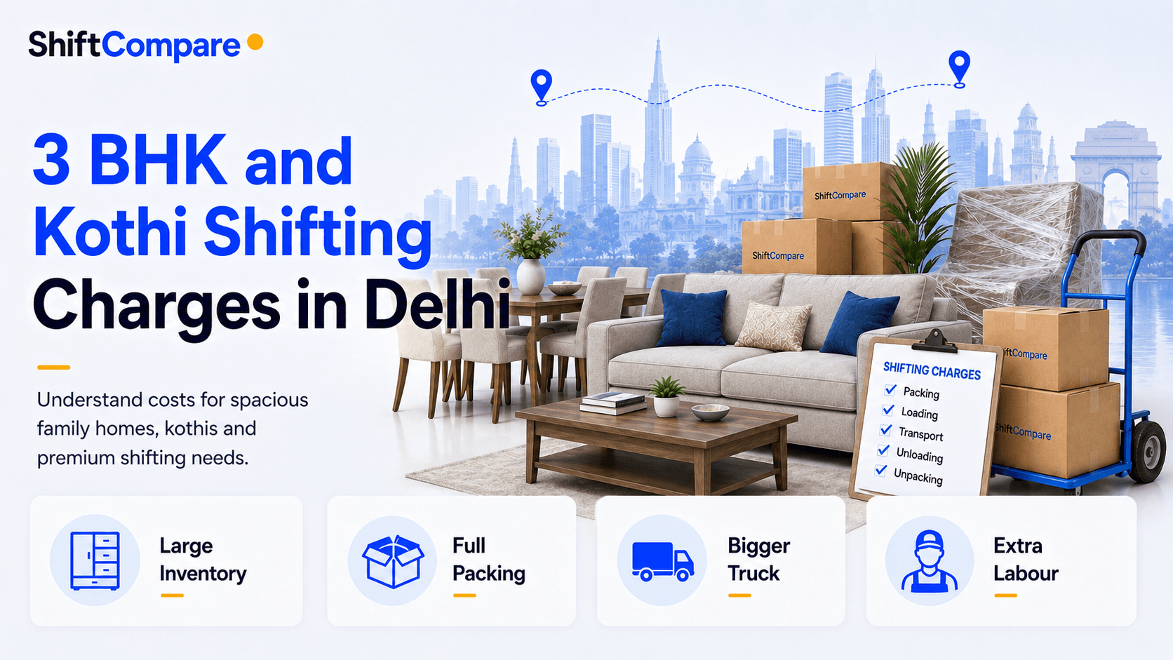 3 BHK shifting charges in Delhi by goods volume, packing and high-rise access